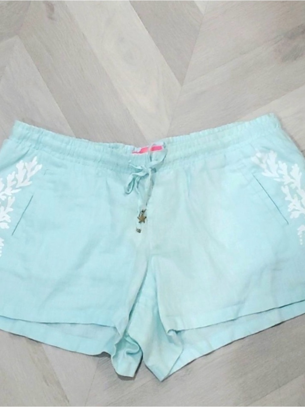 Light Aqua Women’s Linen Shorts with Drawstrings with charms
